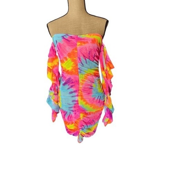 Bodycon Tie Dye Off Shoulder Mini Dress Size L Rainbow Mardi Gras - Picture 2 of 16
